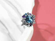 Load image into Gallery viewer, Anthia Jewelry Filigree Floral Synthetic Blue Aquamarine &amp; Multi-Gemstone cz. Silver Ring, March birthstone
