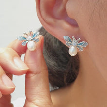 Load and play video in Gallery viewer, Anthia Jewelry Mini Lucky Bee in Blue Small Dainty and Cute, Fresh Water Pearl Push Back Cute Silver Earrings
