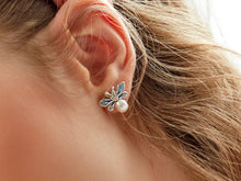 Load image into Gallery viewer, Anthia Jewelry Mini Lucky Bee in Blue Small Dainty and Cute, Fresh Water Pearl Push Back Cute Silver Earrings

