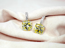 Load image into Gallery viewer, Anthia Jewelry High Shine Yellow Canary Lab Created Diamond (cz.) Polish Finish Elegant Gorgeous Cushion Cut Small Dangle Silver Earrings
