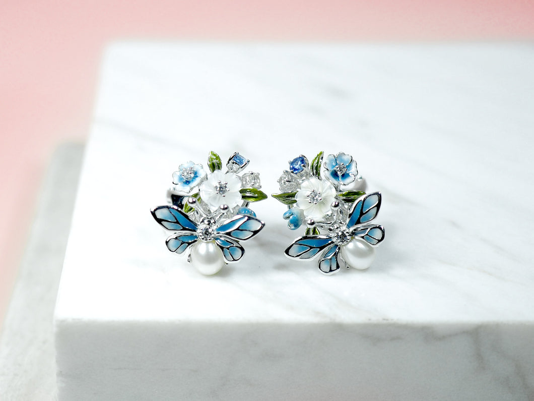 Anthia Jewelry Lucky Bee in Blue Flower Cluster and Fresh Water Pearl Silver Earrings