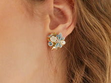 Load image into Gallery viewer, Anthia Jewelry Lucky Bee in Blue Flower Cluster and Fresh Water Pearl Silver Earrings
