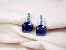 Load image into Gallery viewer, Anthia Jewelry High Shine Deep Blue Lab Created Sapphire (cz.) Polish Finish Elegant Gorgeous Cushion Cut Small Dangle Silver Earrings

