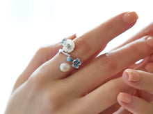 Load image into Gallery viewer, Anthia Jewelry Cherry Blossom Silver Blue  Flower and Fresh Water Pearl Adjustable Silver Ring
