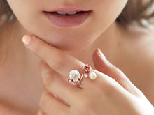 Load image into Gallery viewer, Anthia Jewelry Cherry Blossom Pink Gold Flower and Fresh Water Pearl Adjustable Silver Ring
