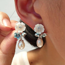 Load and play video in Gallery viewer, Anthia Jewelry Cherry Blossom Silver Blue Flower Dangling &amp; Detachable Fresh Water Pearl Drop Silver Earrings
