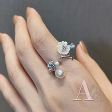 Load and play video in Gallery viewer, Anthia Jewelry Cherry Blossom Silver Blue  Flower and Fresh Water Pearl Adjustable Silver Ring
