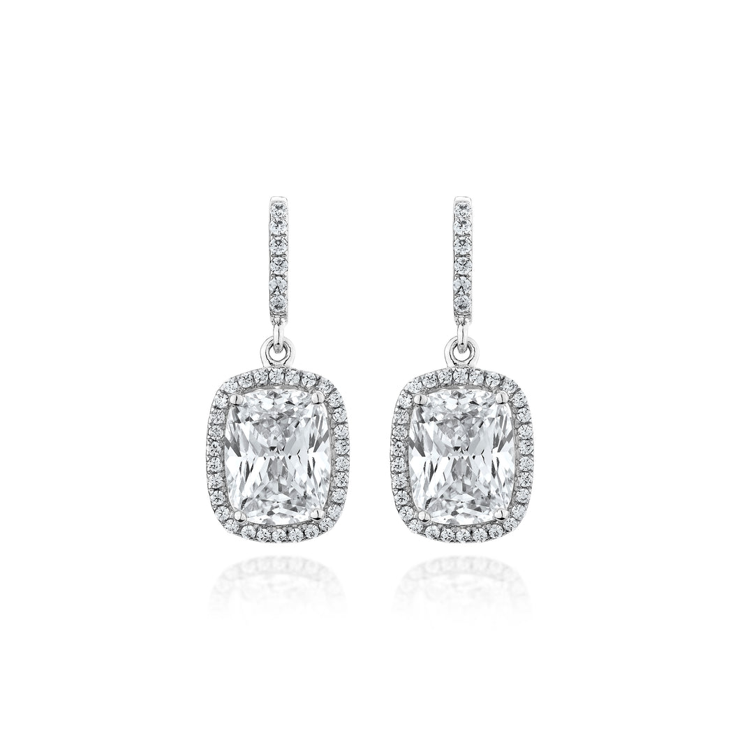 Anthia Jewelry Quintessential Man Made Emerald Cut Diamond Dangling Silver Earrings