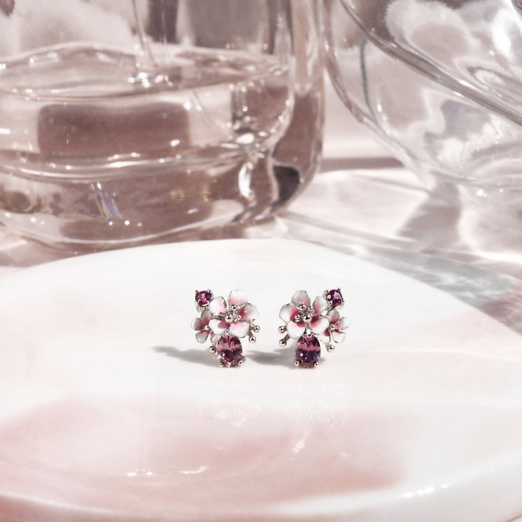Sakura Wild flower with natural Pink Rhodolite & Pink Cz. dainty silver stud earring, everyday jewelry, gift, October birthstone