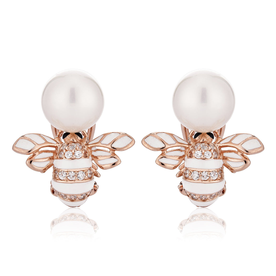Anthia Jewelry Queen Bee Synthetic Pearl with Enamel Silver Earrings in Pink