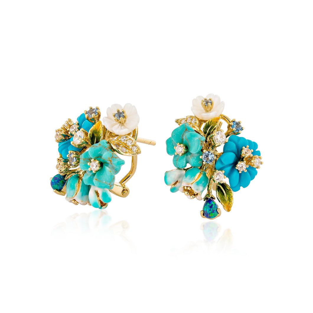 Anthia Jewelry Natura Imitation Turquoise and Mother of Pearl Flower Carving Silver Earrings