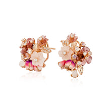 Load image into Gallery viewer, Anthia Jewelry Natura Pink Rose Quartz and Mother of Pearl Flower Carving Silver Earrings
