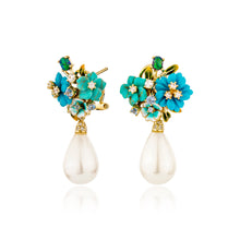 Load image into Gallery viewer, Anthia Jewelry Natura Imitate Turquoise Flowers Craving Silver Earrings &amp; Detachable Synthetic Pearl Drops
