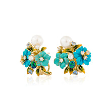 Load image into Gallery viewer, Anthia Jewelry Natura Imitate Turquoise Flowers Craving &amp; Synthetic Pearl Silver Earrings
