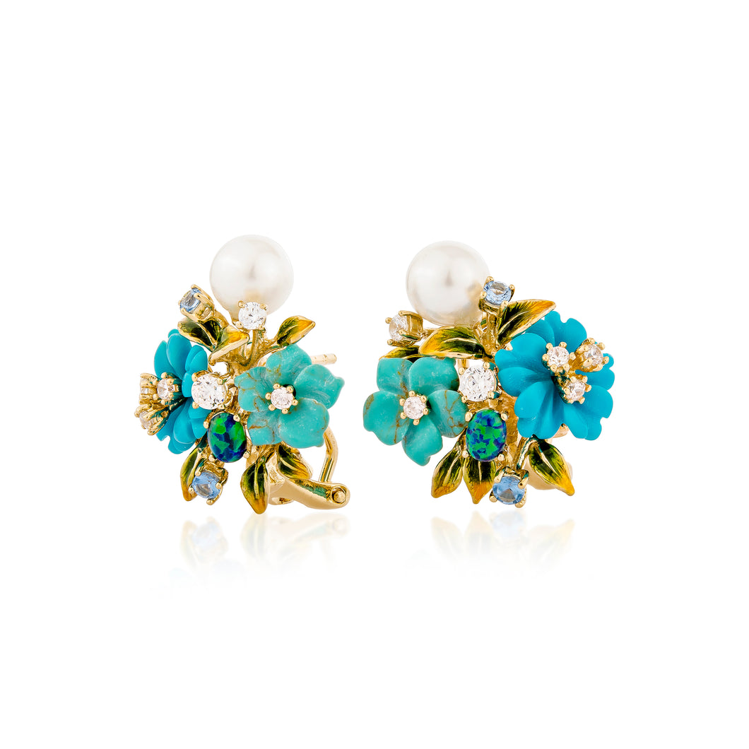 Anthia Jewelry Natura Imitate Turquoise Flowers Craving & Synthetic Pearl Silver Earrings