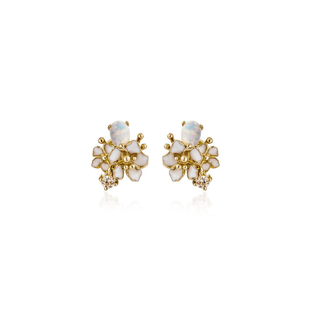 18K Gold Plated Wild flower dainty synthetic white opal silver stud earring, everyday jewelry, gift