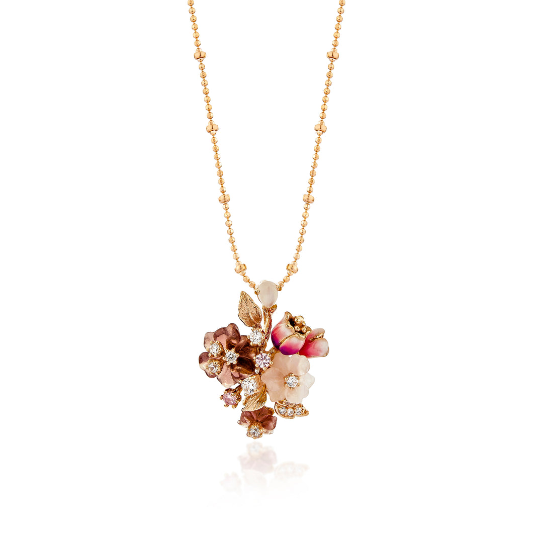 Anthia Jewelry Natura  Pink Rose Quartz Flowers Craving Silver Pendant Necklace