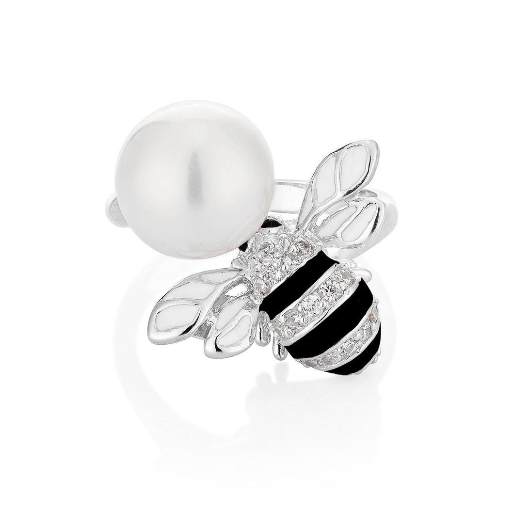 Anthia Jewelry Queen Bee Synthetic Pearl with Enamel Silver Ring