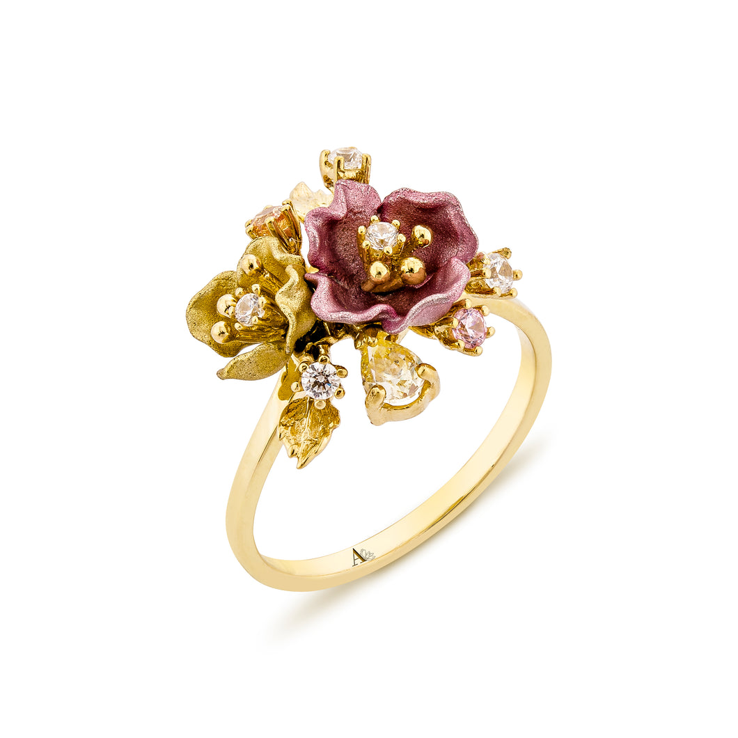 Anthia Jewelry Irean Pink & Gold Vintage Aluminium Small Flowers Silver Ring