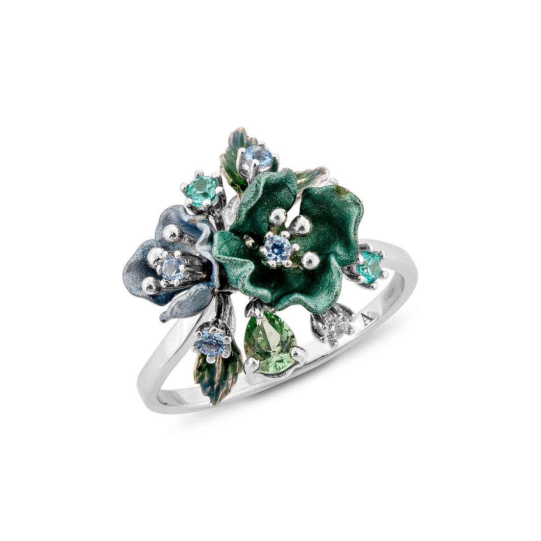Anthia Jewelry Irean Light Blue Vintage Aluminium Small Flowers Silver Ring