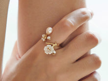 Load image into Gallery viewer, Anthia Jewelry Cherry Blossom Gold Flower and Fresh Water Pearl Adjustable Silver Ring
