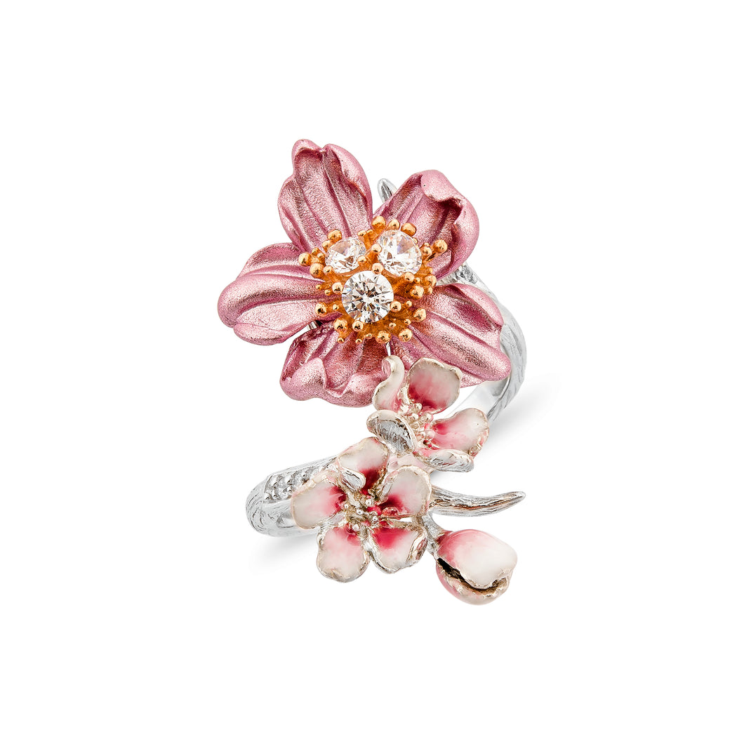 Anthia Jewelry Wild Rose Pink Flower Silver Ring, Flower Petals Made From ECO-Friendly Metal