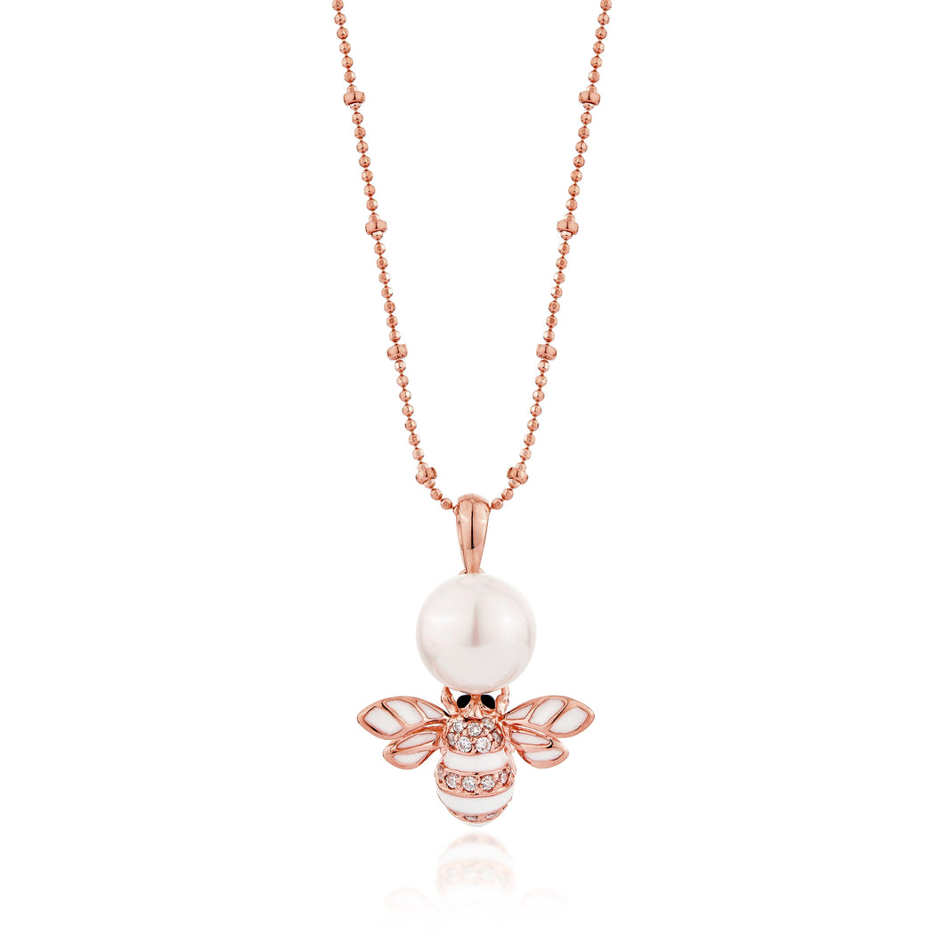 Anthia Jewelry Queen Bee Synthetic Pearl with Enamel Silver Pendant Necklace in Pink