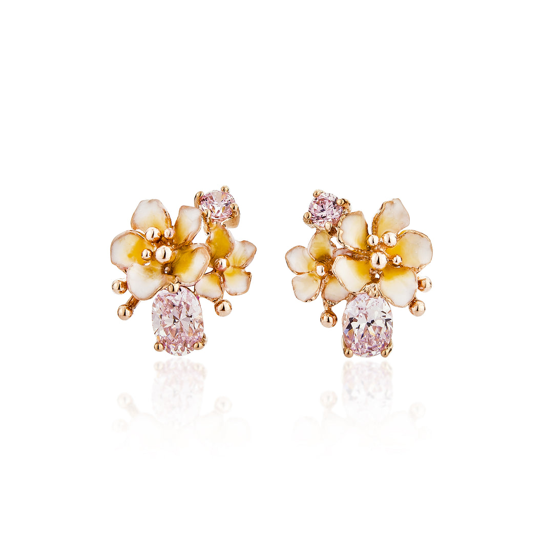 NEW! Wild flower 18K Pink Gold Plated dainty silver stud earrings with Pink cz. & Enamel. Sweet Floral Everyday Wear