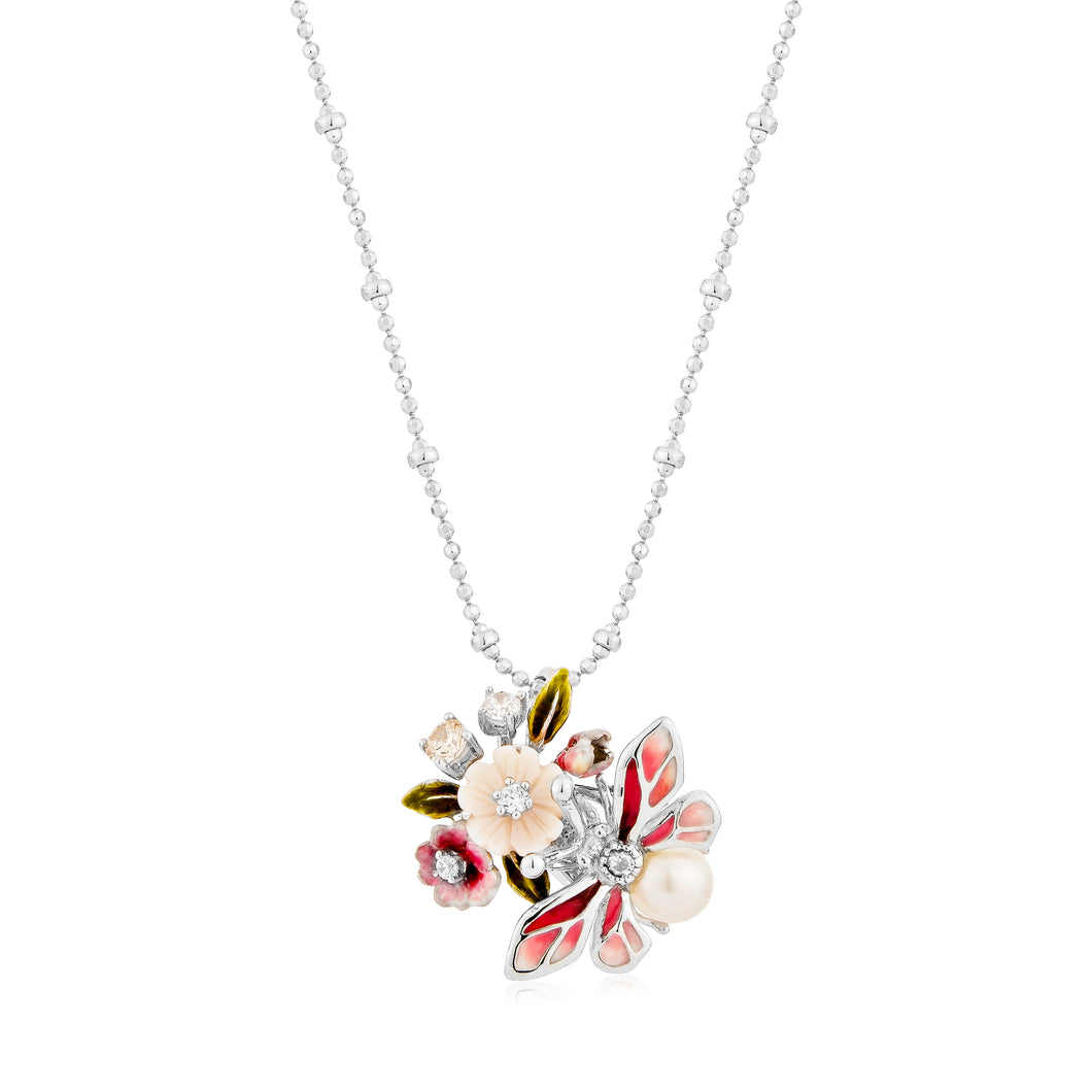 Anthia Jewelry Lucky Bee in Pink with Flower and Fresh Water Pearl Silver Pendant & Necklace