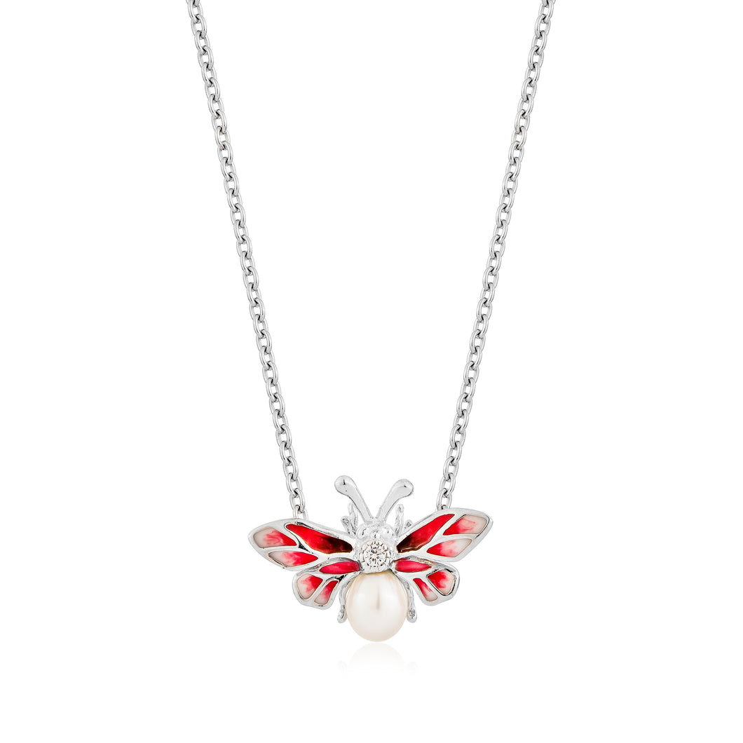 Anthia Jewelry Mini Lucky Bee in Pink Small Dainty and Cute, Fresh Water Pearl Silver Pendant Necklace