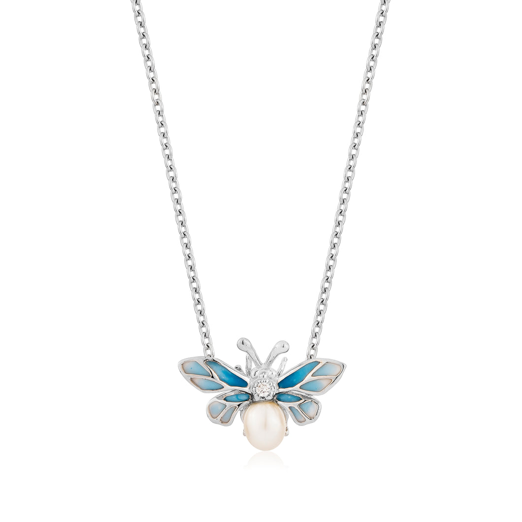 Anthia Jewelry Mini Lucky Bee in Blue Small Dainty and Cute, Fresh Water Pearl Silver Pendant Necklace