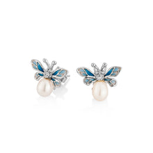 Load image into Gallery viewer, Anthia Jewelry Mini Lucky Bee in Blue Small Dainty and Cute, Fresh Water Pearl Push Back Cute Silver Earrings
