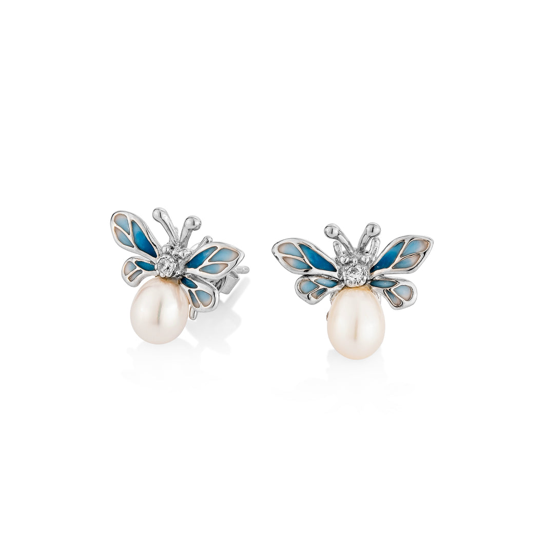 Anthia Jewelry Mini Lucky Bee in Blue Small Dainty and Cute, Fresh Water Pearl Push Back Cute Silver Earrings