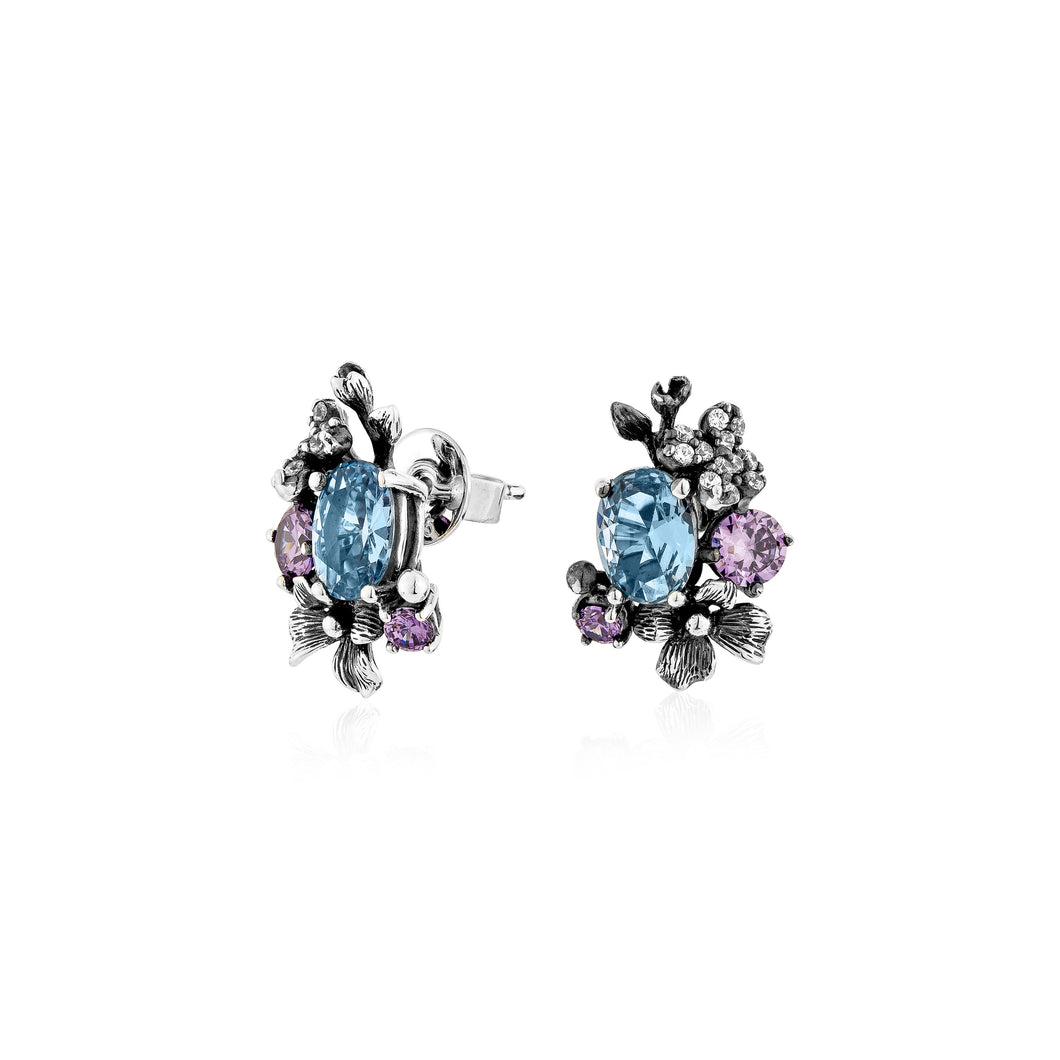 Anthia Jewelry Filigree Floral Synthetic Blue Aquamarine & Multi-Gemstone cz. Silver Small Stud Earrings, March Birthstone