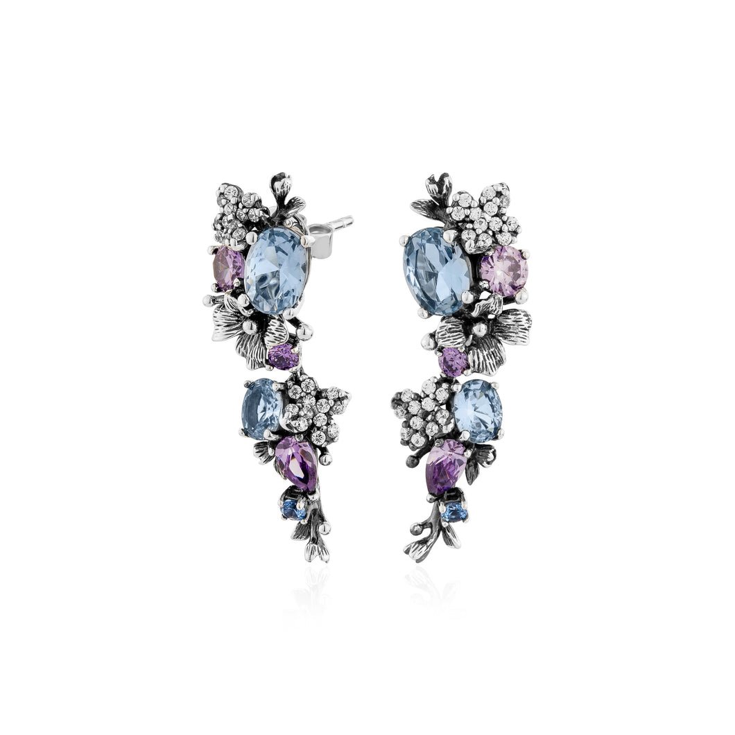 Anthia Jewelry Filigree Floral Synthetic Blue Aquamarine & Multi-Gemstone cz. Silver Dangle Earrings, March Birthstone