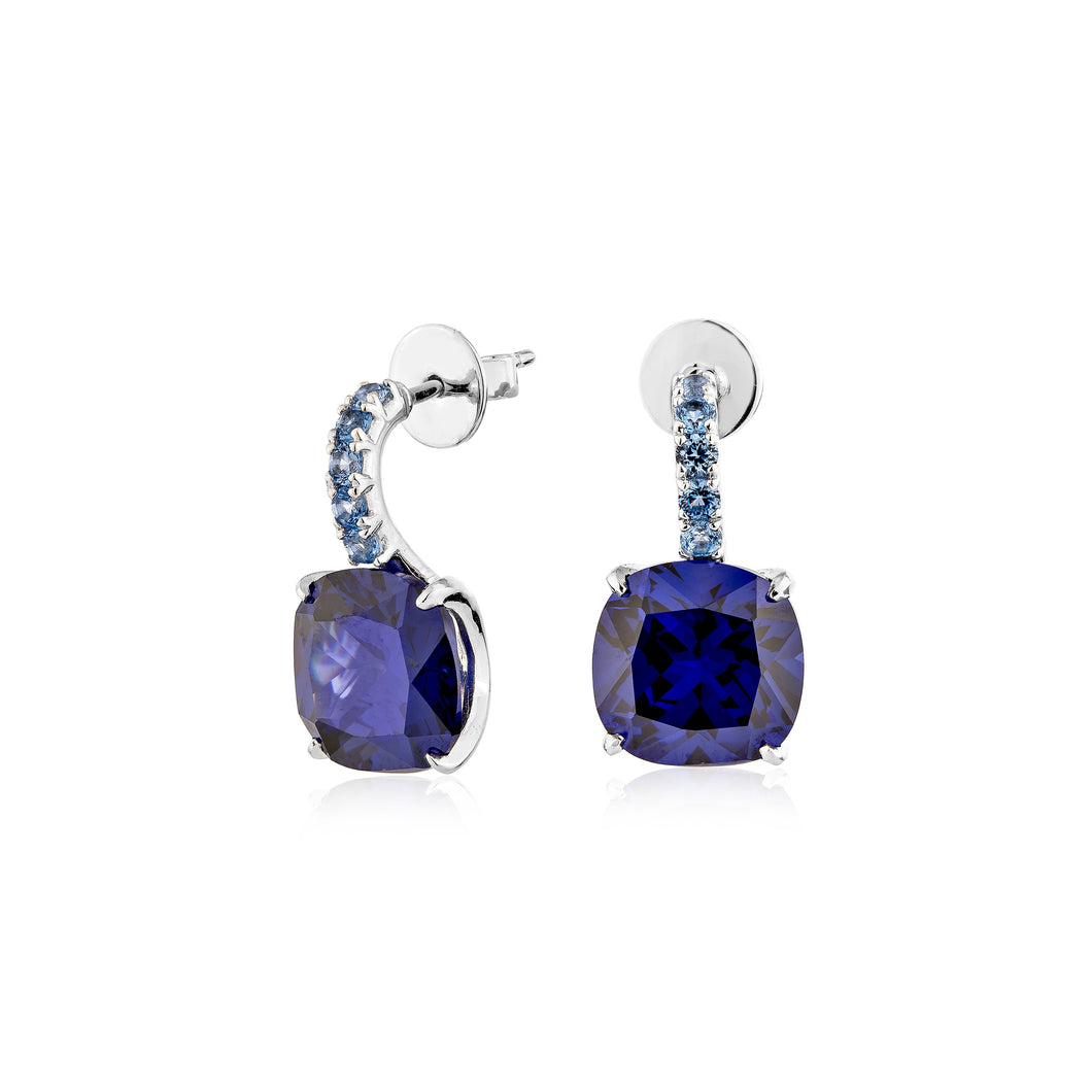 Anthia Jewelry High Shine Deep Blue Lab Created Sapphire (cz.) Polish Finish Elegant Gorgeous Cushion Cut Small Dangle Silver Earrings