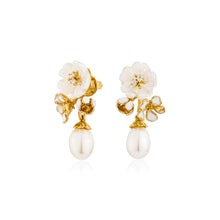 Load image into Gallery viewer, Anthia Jewelry Cherry Blossom Gold Flower Dangling &amp; Detachable Fresh Water Pearl Drop Silver Earrings
