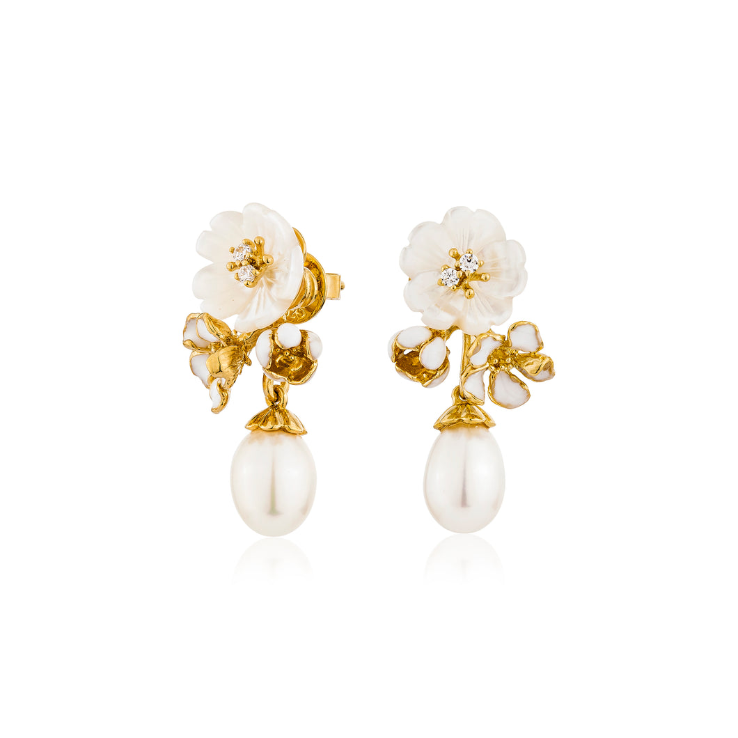 Anthia Jewelry Cherry Blossom Gold Flower Dangling & Detachable Fresh Water Pearl Drop Silver Earrings