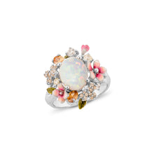 Load image into Gallery viewer, Anthia Jewelry Filigree Floral Synthetic White Opal &amp; Multi-Gemstone cz. Silver Ring, October birthstone
