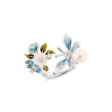 Load image into Gallery viewer, Anthia Jewelry Lucky Bee in Light Blue with Crave Shell Flower and Fresh Water Pearl Adjustable Silver Ring
