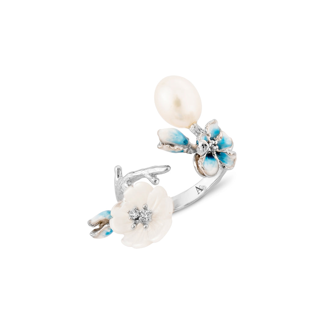 Anthia Jewelry Cherry Blossom Silver Blue  Flower and Fresh Water Pearl Adjustable Silver Ring