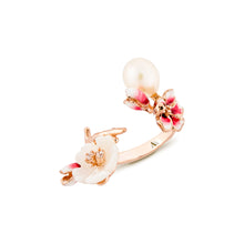 Load image into Gallery viewer, Anthia Jewelry Cherry Blossom Pink Gold Flower and Fresh Water Pearl Adjustable Silver Ring
