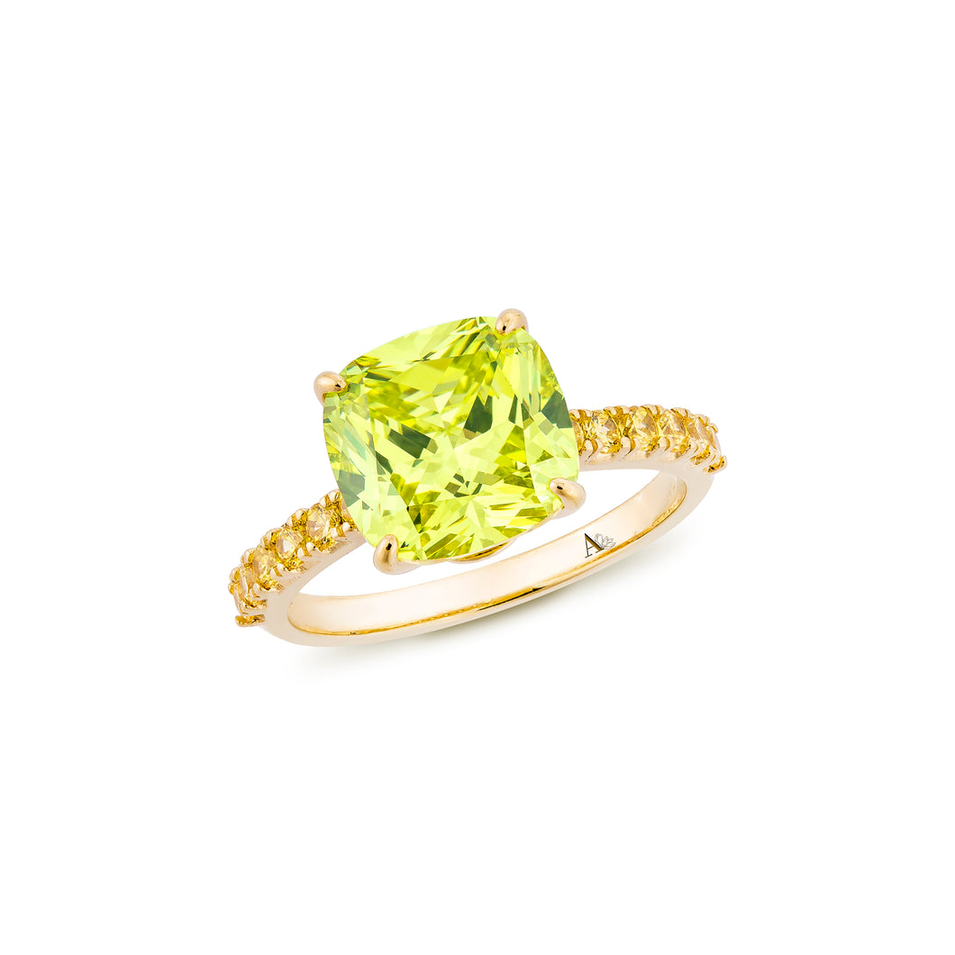 Anthia Jewelry High Shine Lemon Green Lab Created Peridot (cz.) Polish Finish Elegant Gorgeous Cushion Cut Silver Ring