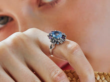 Load image into Gallery viewer, Anthia Jewelry forget me not Filigree Floral Synthetic Blue Aquamarine &amp; Multi-Gemstone cz. Silver Ring
