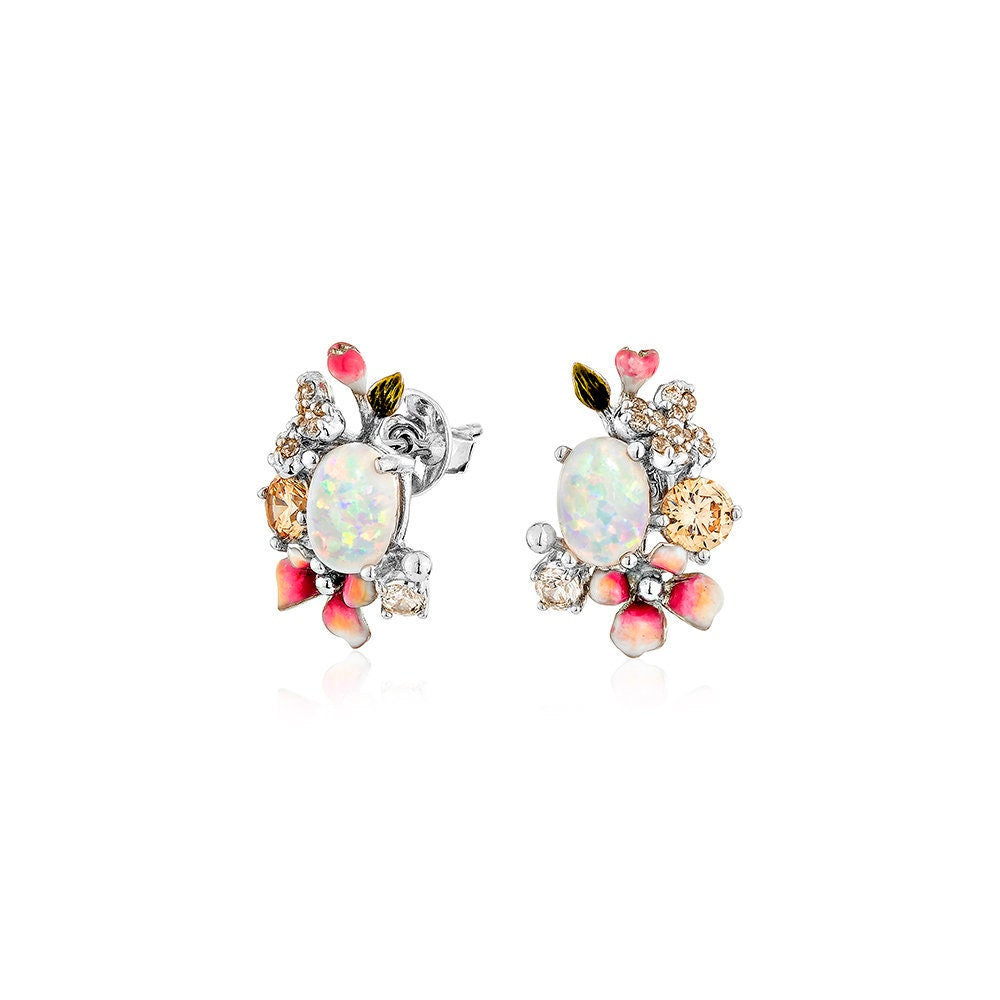 Anthia Jewelry Filigree Floral Synthetic White Opal & Multi-Gemstone cz. Silver Small Stud Earrings, October birthstone