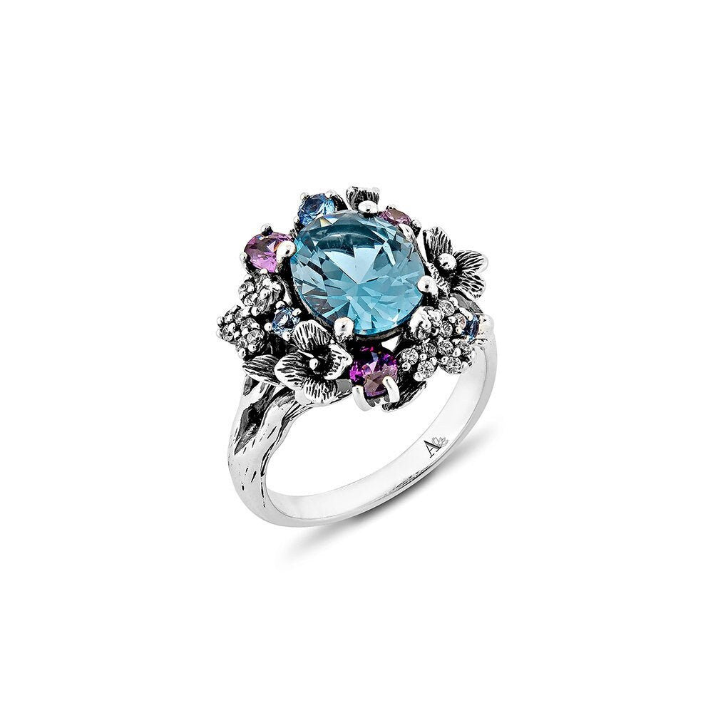 Anthia Jewelry forget me not Filigree Floral Synthetic Blue Aquamarine & Multi-Gemstone cz. Silver Ring