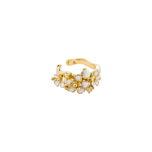 Gold Wildflower dainty synthetic white opal silver ear cuff, everyday jewelry, gift, no piercing earrings