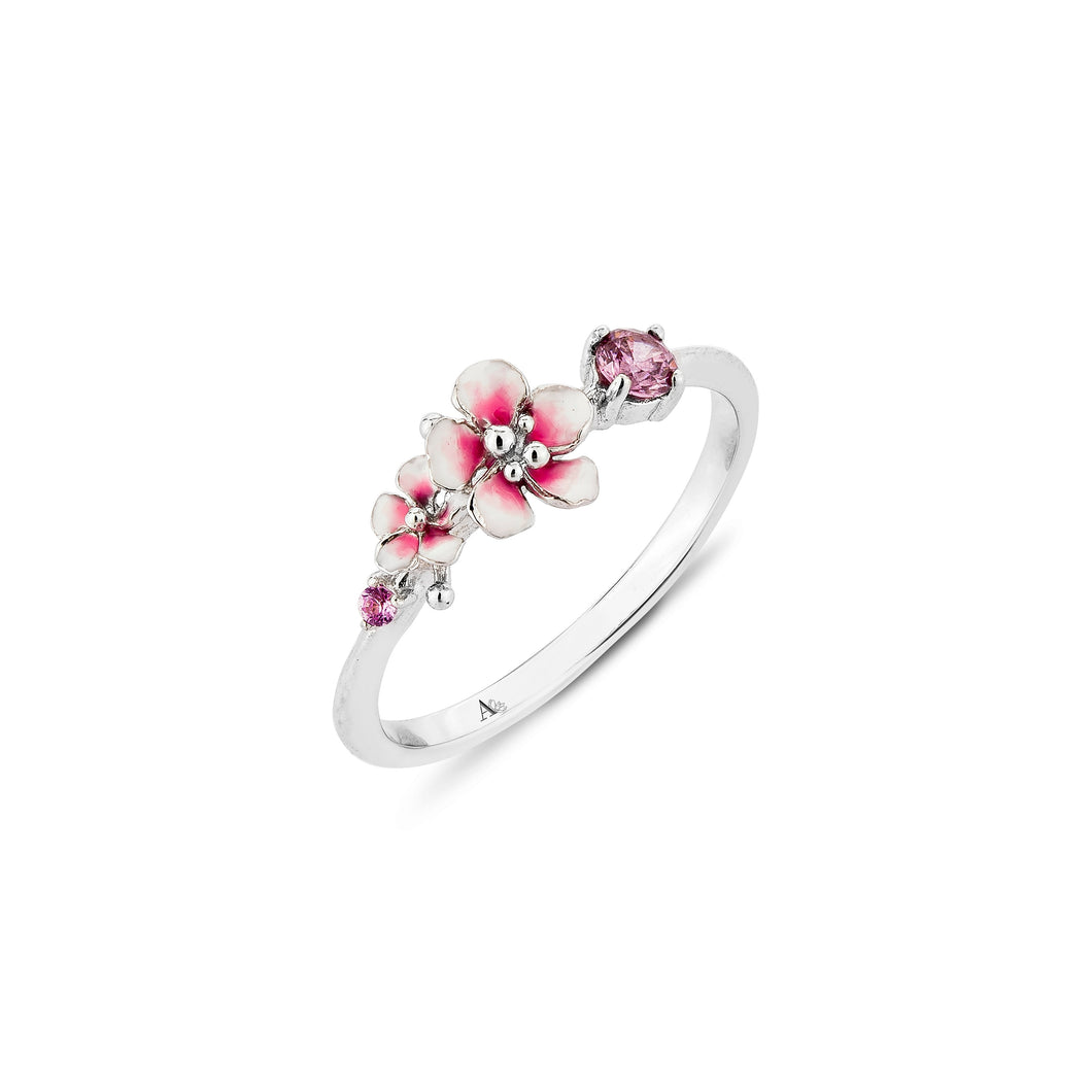 Sakura Wildflower dainty stackable silver ring with natural Tourmaline, everyday jewelry, gift, promise ring, friendship ring