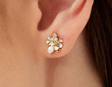 Load image into Gallery viewer, Gold Wildflower dainty synthetic white opal silver stud earring, everyday jewelry, gift

